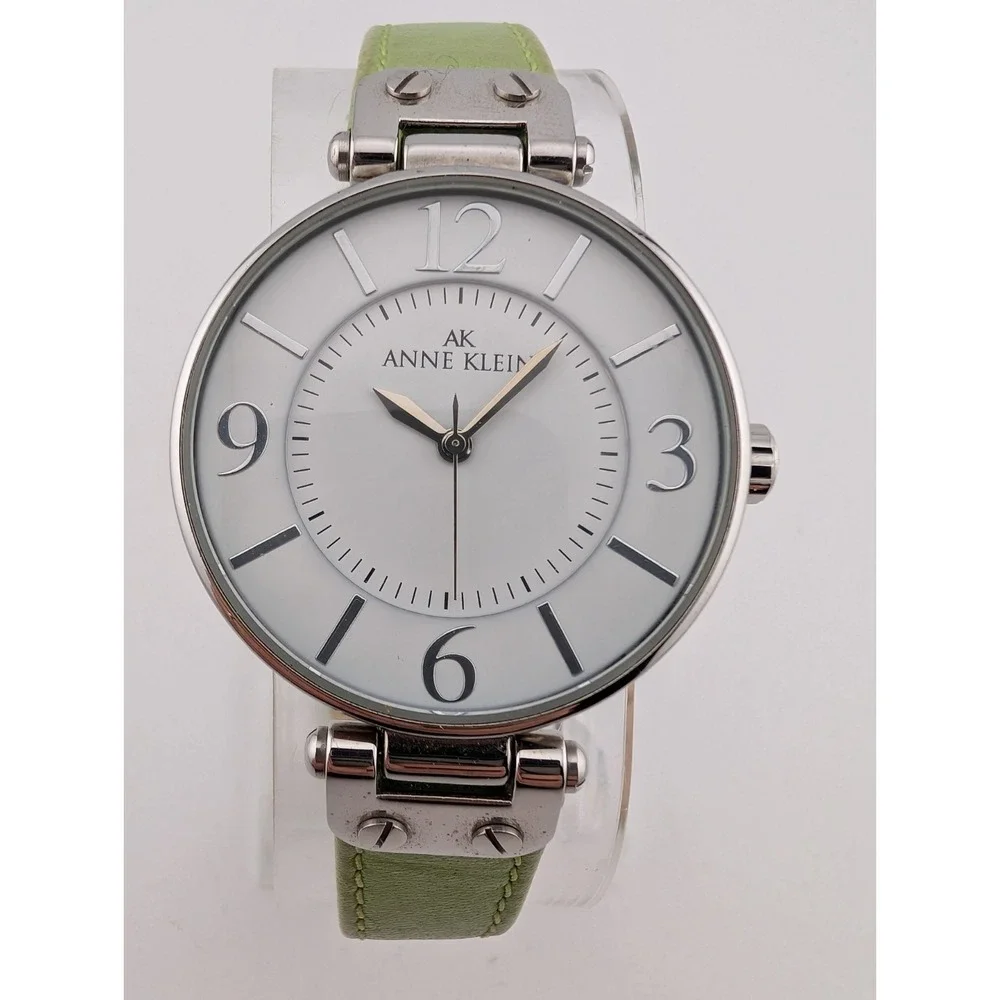 Anne Klein Watch Women 34mm Silver Case Green Leather Band 10/9169- New‎ Battery